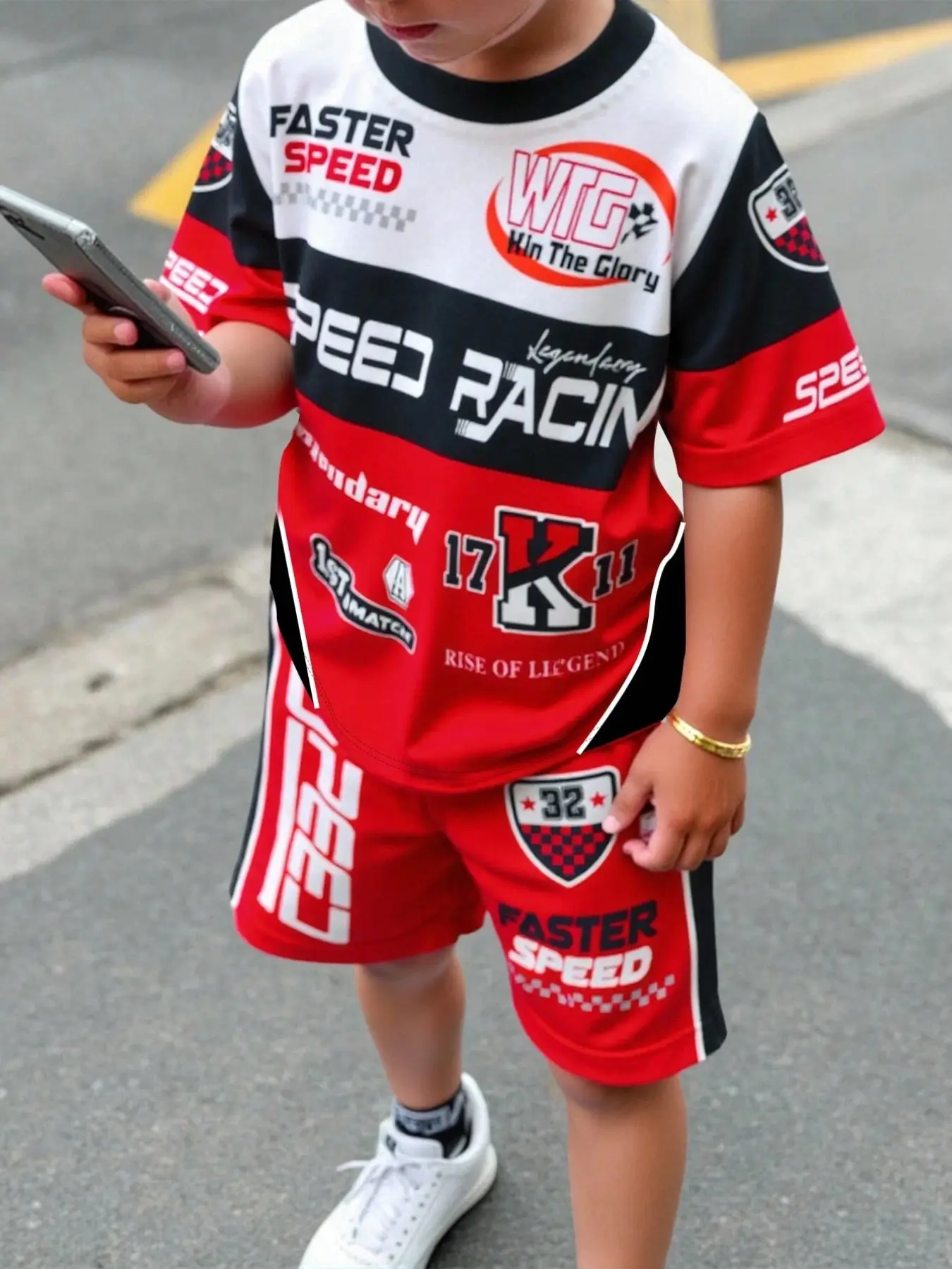 Kids Racing Style Letter Print Short Sleeve Set, Boys Girls Casual Sports T-shirt And Shorts 2 Piece Outfit, Trendy Summer Kids Clothing 2026 New Arrival