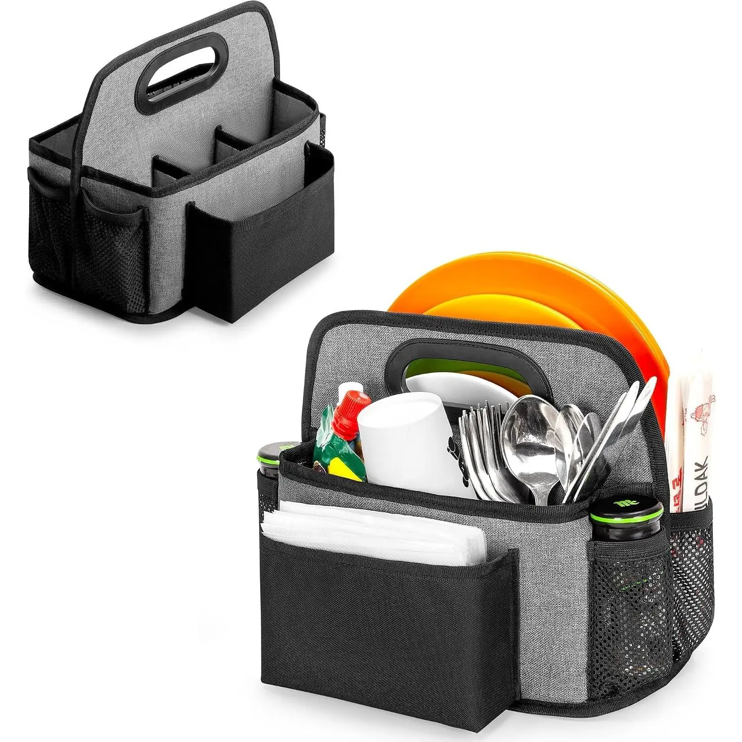 Paper Plate Organizer, Disposable Utensil Holder with 4 Rooms for Cup Fork Spoon Napkin, Buffet Silverware Caddy, Metal Cutlery Dispenser for Counter Party Flatware, Patent Design, Black