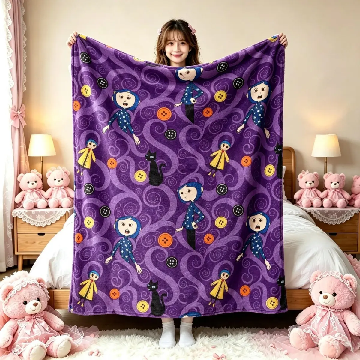 Coraline All Over Print Flannel Throw Blanket, Purple Swirl Black Cat Buttons Pattern Soft Blanket, Multi-use Home Camping Cover, Birthday Holiday Gift for Coraline Movie Fans