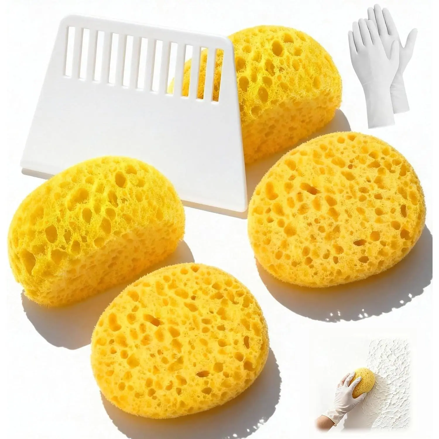 7- Drywall Texture Repair Kit, 4 Knockdown Texture Sponges, 1 Scraper & 1 Pairs Gloves, for DIY Wall & Ceiling Patch, Matching Orange Peel & Splatter Texture