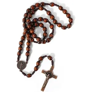 Rosary Beads Handmade Wooden Rosarios Catolicos Metal Cross For Catholic Or Christian Gift(Woven Coffee Color)