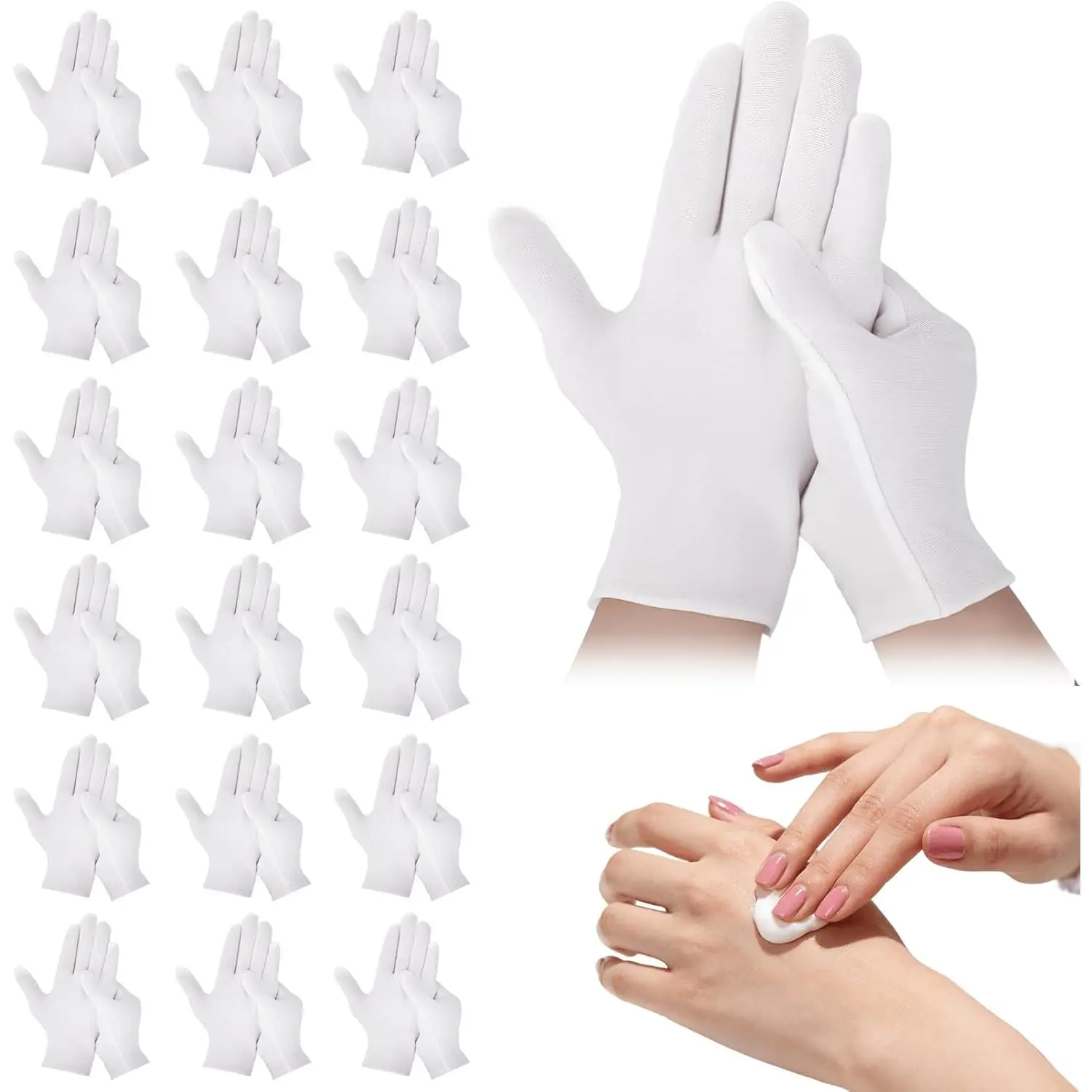 42 Pack Unisex White Cotton Gloves, Soft Elastic Glove Set for Dry Hands Sleeping Eczema Care, Night Moisturizing, Jewelry Inspection, Crafts, Wedding & Halloween Costumes