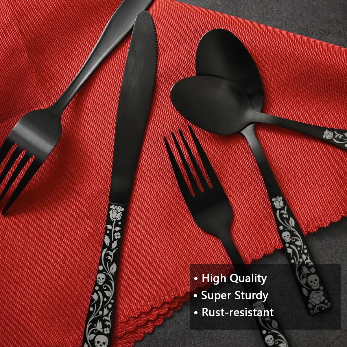 20- Matte Black Silverware Set for 4, Skull Rose Cultery Set 18/0 Stain Finish Stainless Steel, Gothic Skeleton  Decorative Flatware Set, Daily Halloween Party Event Serving For 4