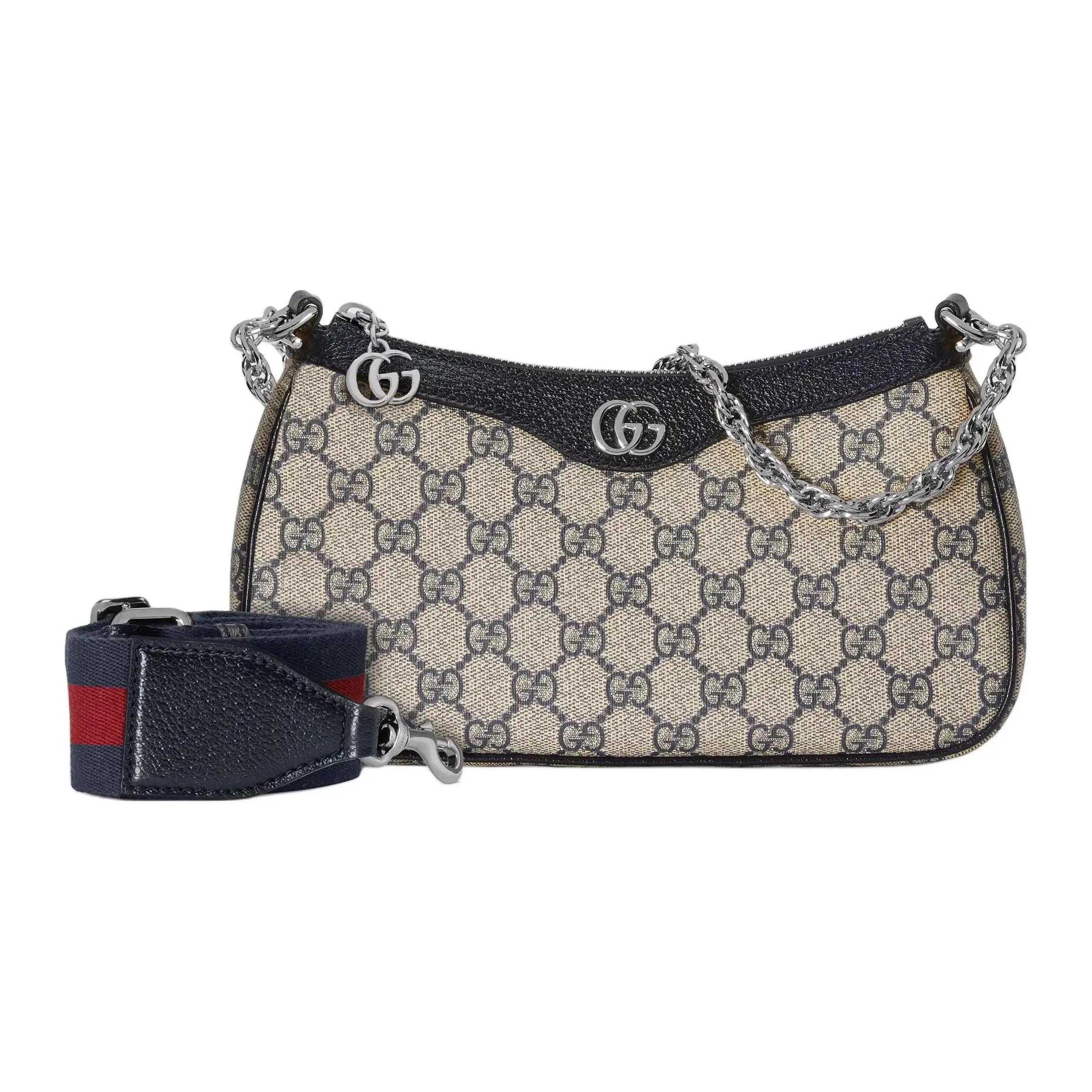 Gucci Ophidia Small Crossbody Bag for Women – Metallic Double-G Pendant Chain, Canvas and Leather, Beige and Blue