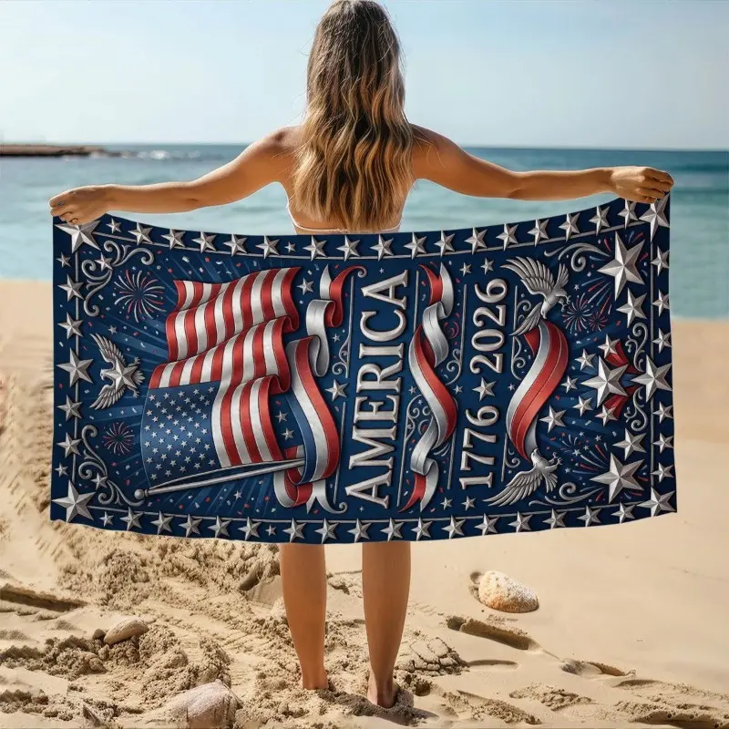 Retro American Flag Beach & Bath Towel, Contemporary 1776-2026 Commemorative Print, Quick-Dry Water-Absorbent Microfiber, Large Size for Drying Body, Fourth of July, Beach Vacations pool travel ultra sand golf blanket poncho swim