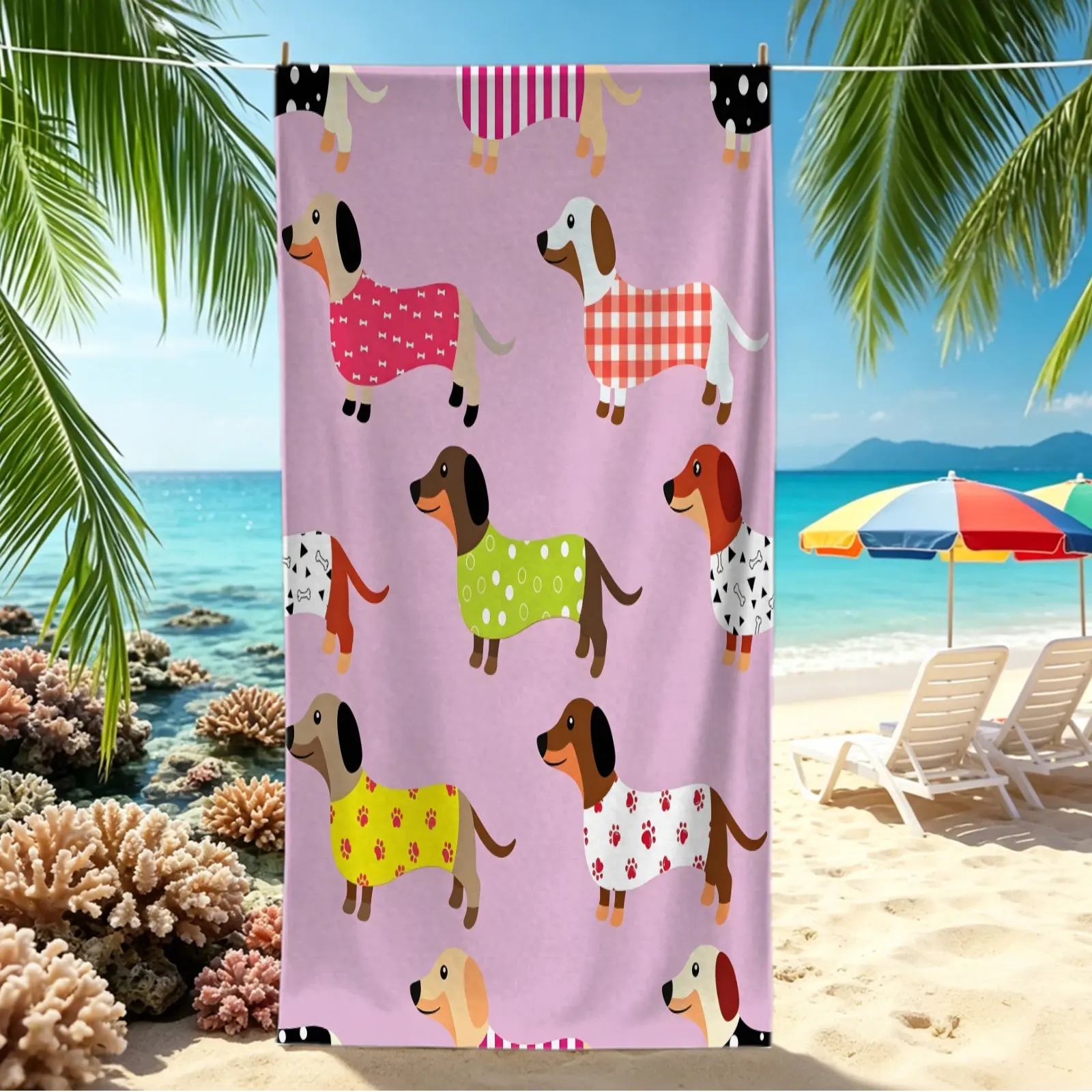 Cute Cartoon Dachshund Digital Print Beach Towel, Quick Dry Sand Free Pool Towel, Lightweight Camping Towel Bath Towel Blanket, Sausage Dog Print Towel for Dog Lovers Travel Swimming Pool Camping, Machine Washable Summer Holiday Pet Owner Gift