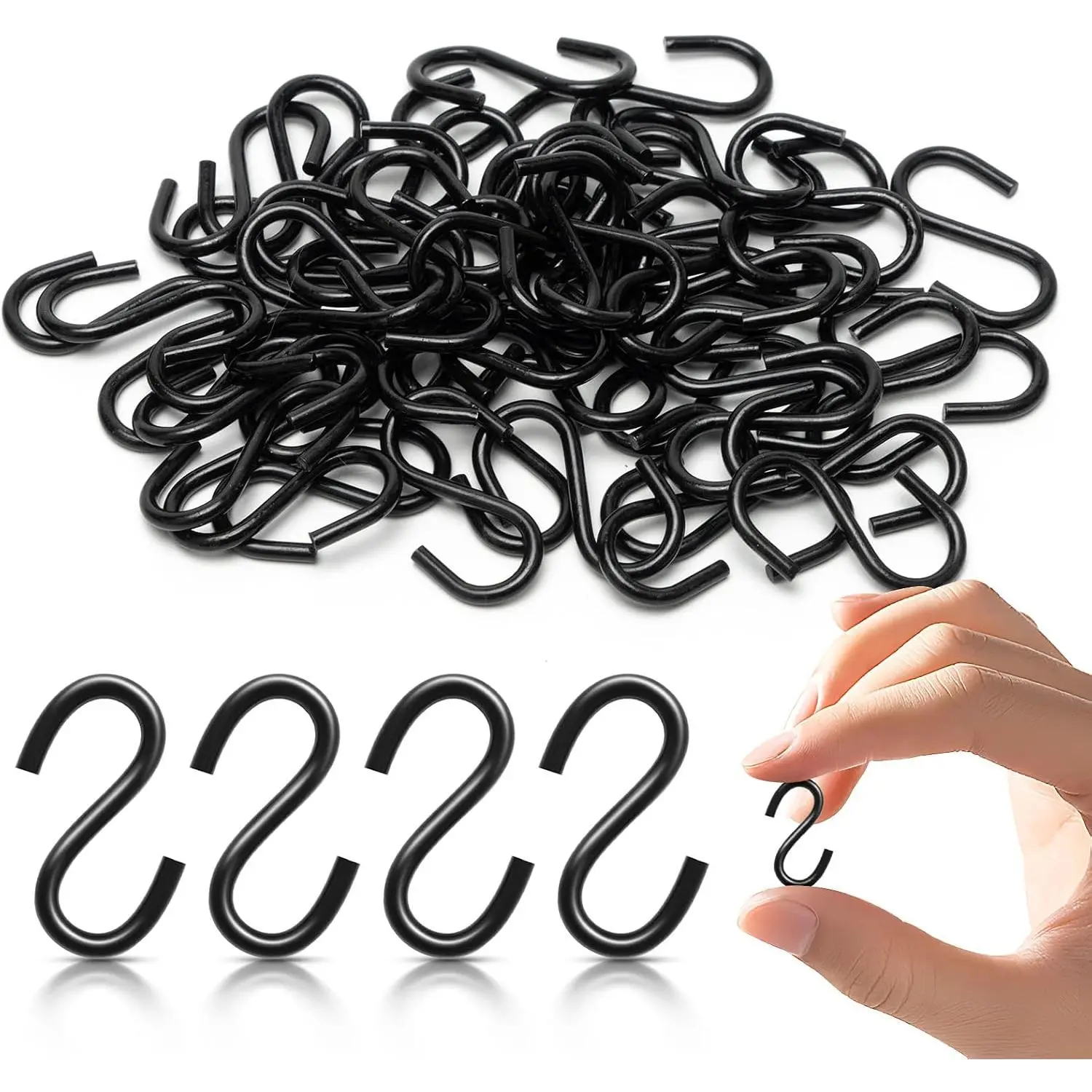 50-Count 1-in Rust-Resistant Heavy-Duty Carbon Steel Black S Hooks, Compact Tool-Free Install Mini Hooks for DIY Crafts, Kitchen & Closet Organization