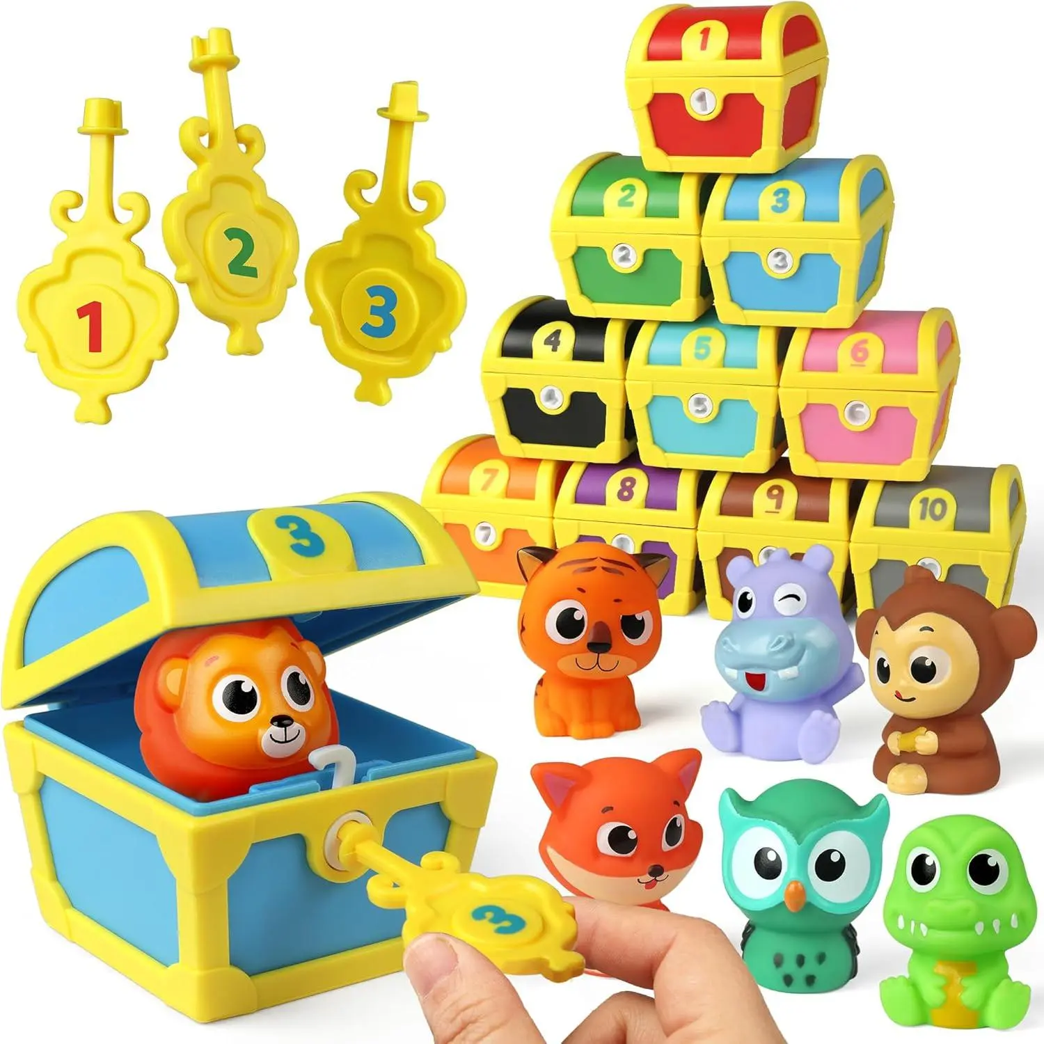 Fine Motor Skill Toys for Toddlers, 10pcs Surprise Animals Finger Puppets Treasure with Number Locks, Matching Color Sorting Pirate Hunt Game, Learning Montessori Gift for 3 4 5 Year Oldfidget toys
