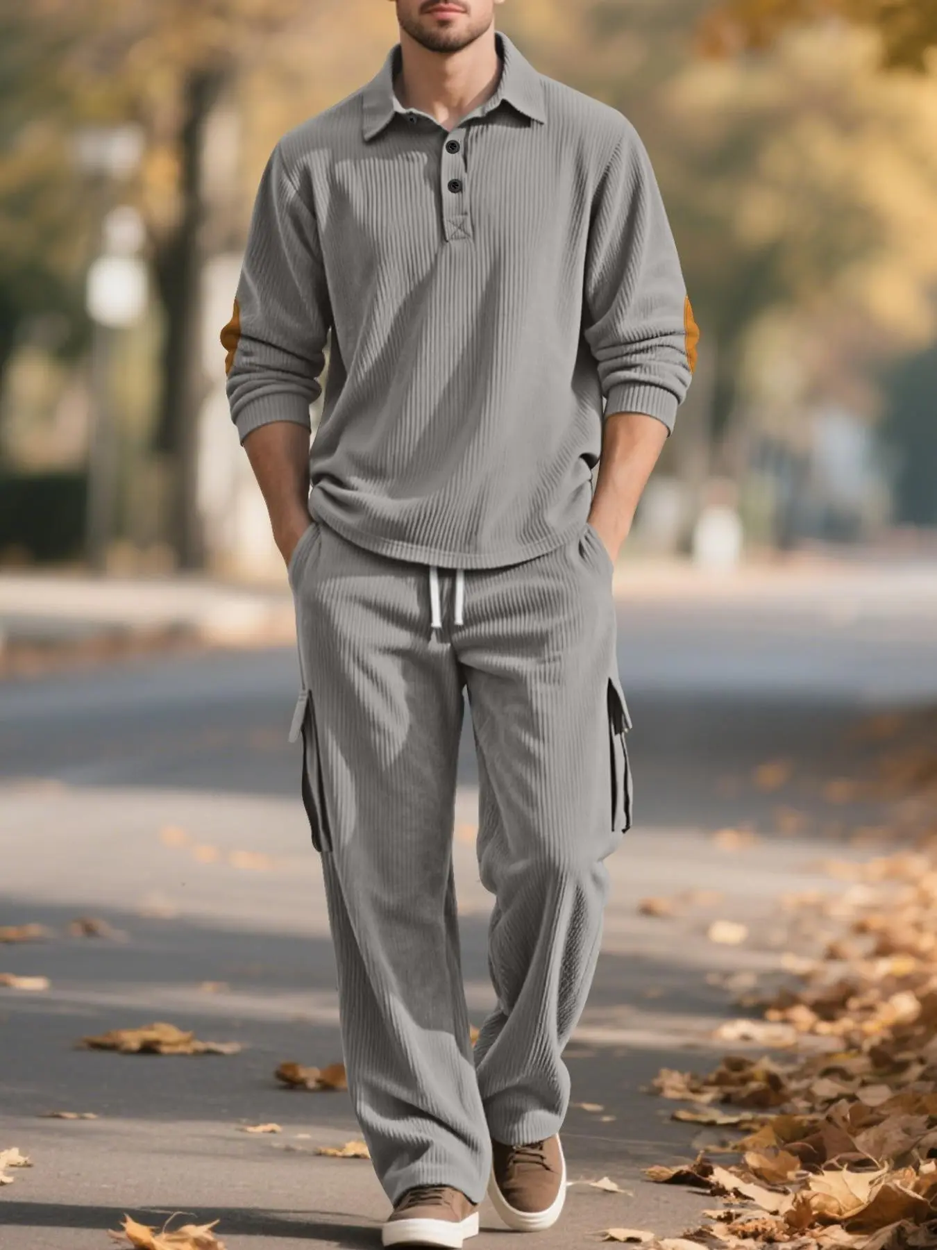 Men's Vertical Groove Long Sleeve Polo and Cargo Pants Set, Casual, Soft Breathable Fabric, Adjustable Waist, Ideal for Fall & Spring