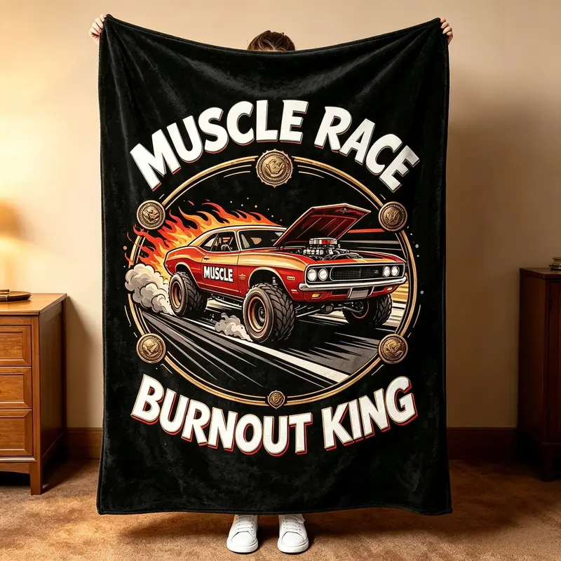 American retro muscle car flame pattern black flannel blanket, racing-themed, high-density soft coral fleece throw blanket, suitable for dorm rooms, bedrooms, air-conditioned spaces, car use, portable, ideal for warm naps, multifunctional blanket