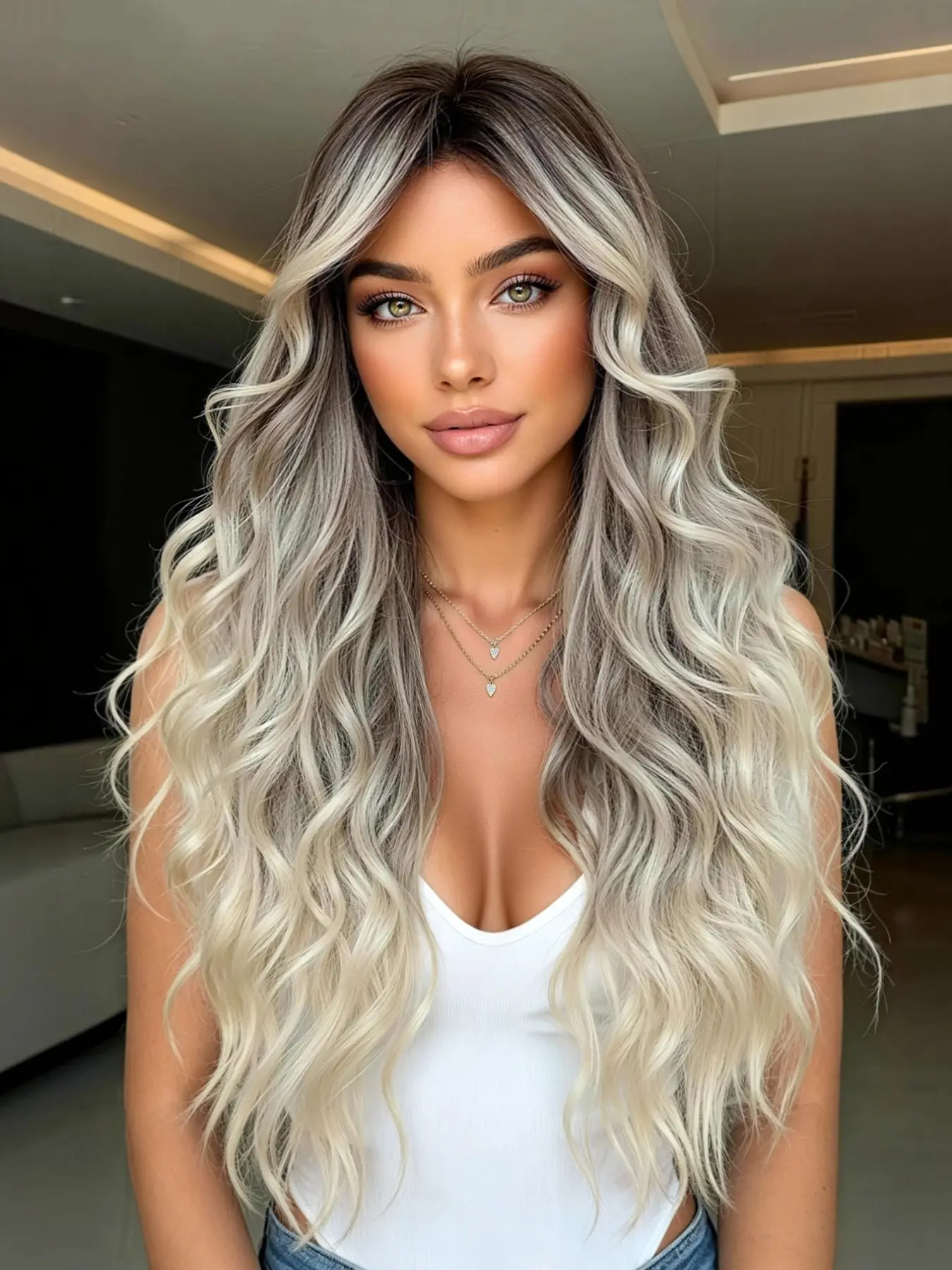 28-Inch Mermaid Big Wave Wig, Wavy Wig, Synthetic Fiber Wig, Dark Root Silver Gold Gradient, Heat-Resistant Synthetic Full Cap, Machine Made Wigs, Ideal for Daily Makeup & Photoshoots