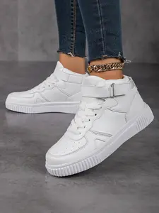 High-Top Casual Sneakers for Women, All Patchwork Flat Shoes, Laces and Velcro Design, Breathable Walking Shoes, Comfortable and Versatile