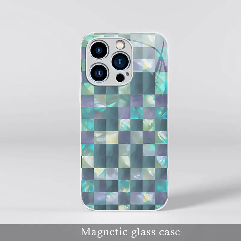 Mermaidcore Aesthetic Pearlescent Checkerboard Magnetic Glass Case for iPhone 13 Pro Max, Glossy Shell MagSafe Cover ---975