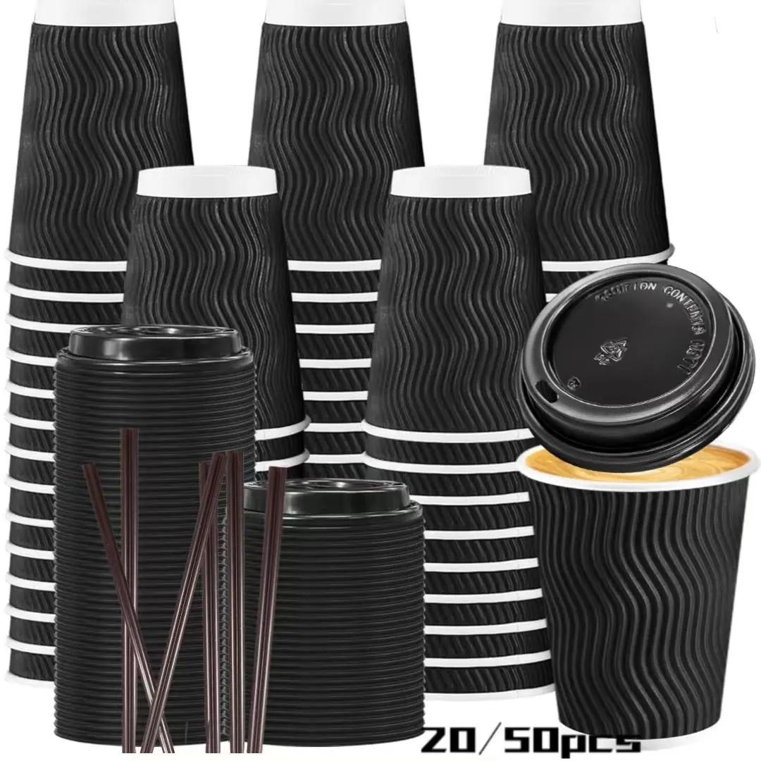 20/50 Pcs 12oz Coffee Cups with Lid, Disposable Paper Cups, Insulated Hot Cup, Ripple Wall, for Hot Drinks, Office, Coffee Bar, Disposable Coffee Cups with Lids