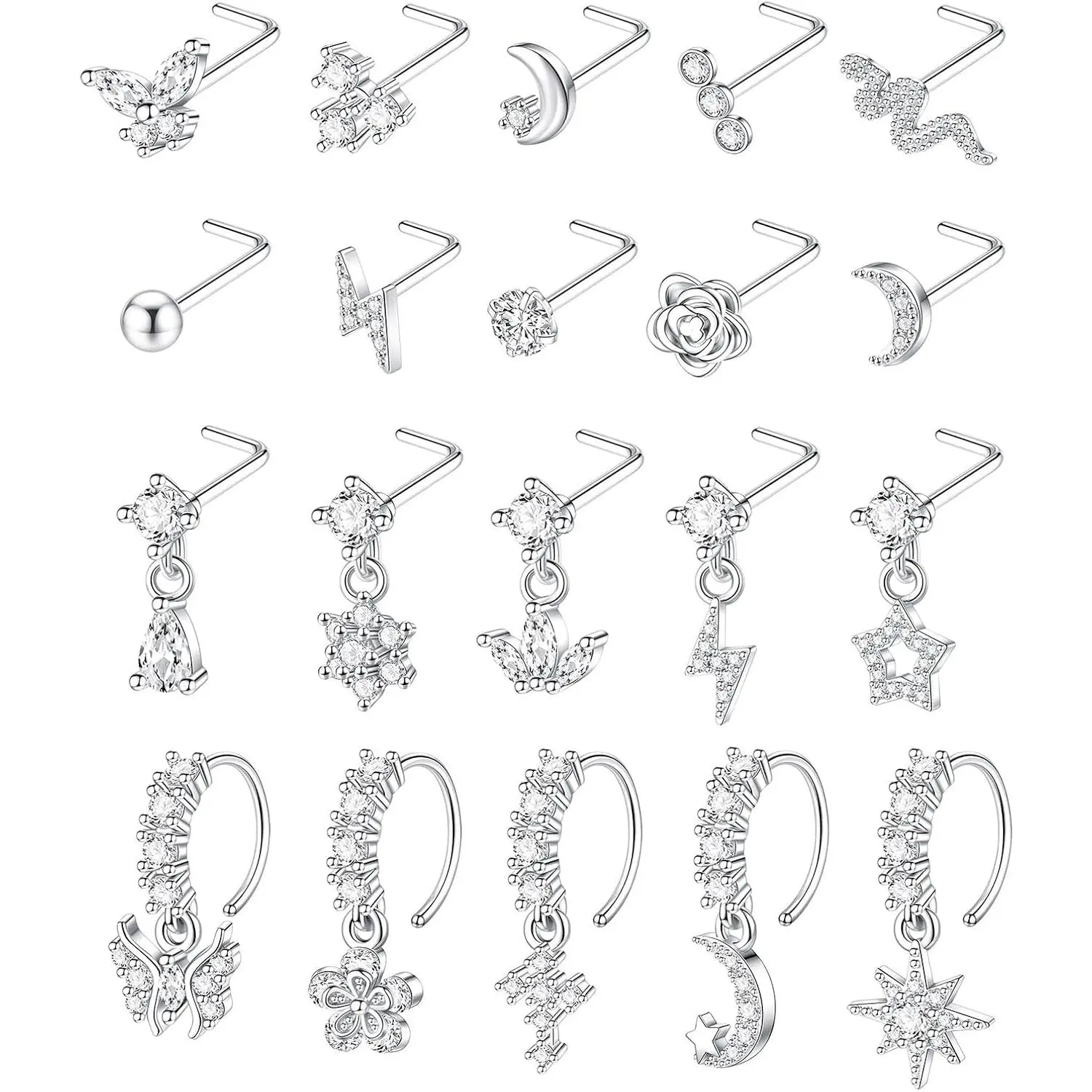 20Pcs 20G Golden/Silver Dangle Nose Rings for Women| L Shaped Dangling Nose Rings Studs Hoops ,Stainless Steel ,Flower Butterfly Moon Dangle Nose Piercing Jewelry