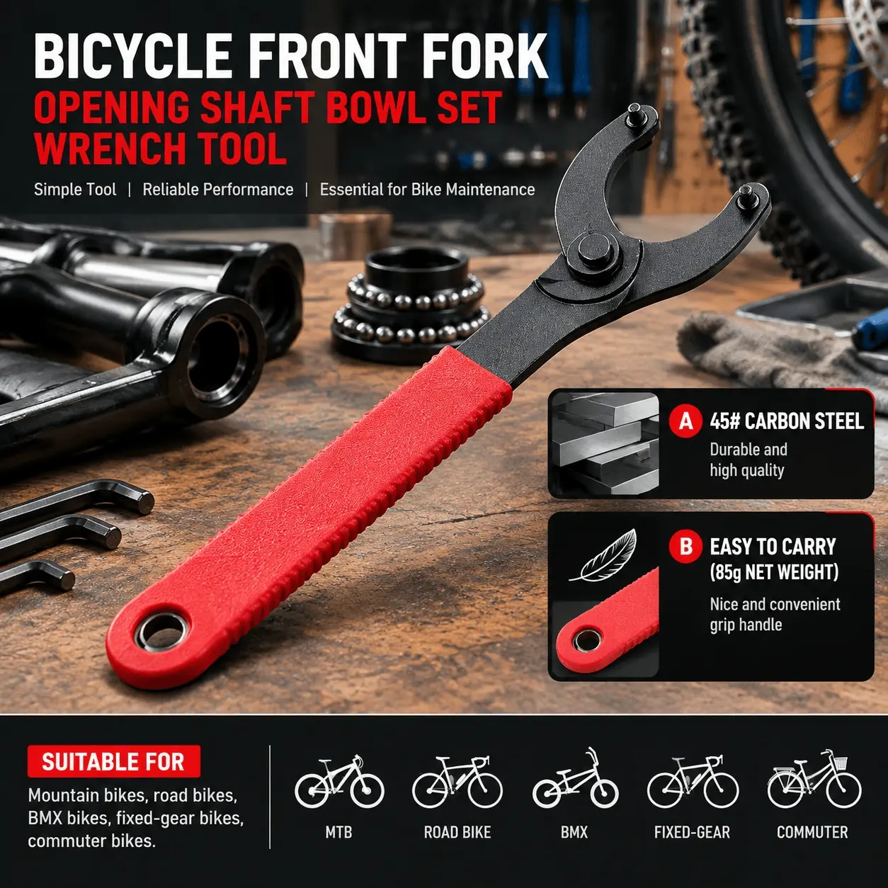 1PC Carbon Steel Bicycle Front Fork Opening Shaft Bowl Set Wrench Tool Cycling Accessory for Maintenance and Repair of Mountain Bikes, Road Bikes, BMX fixed-gear Non-Slip, 16.3cm
