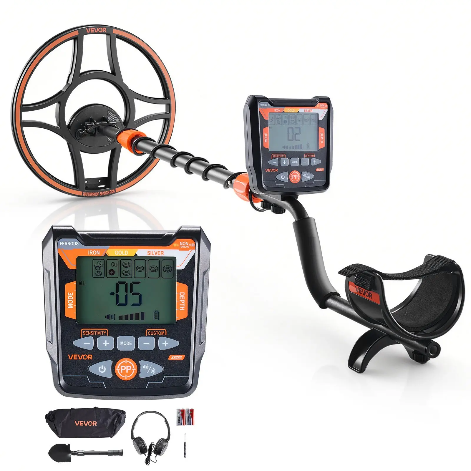 VEVOR Metal Detector for Adults, 12", Professional High Accuracy Gold Detector, IP68 Waterproof Search Coil with Display, Headphones, 6 Modes, Adjustable Length, for Detecting Gold Treasure Hunting