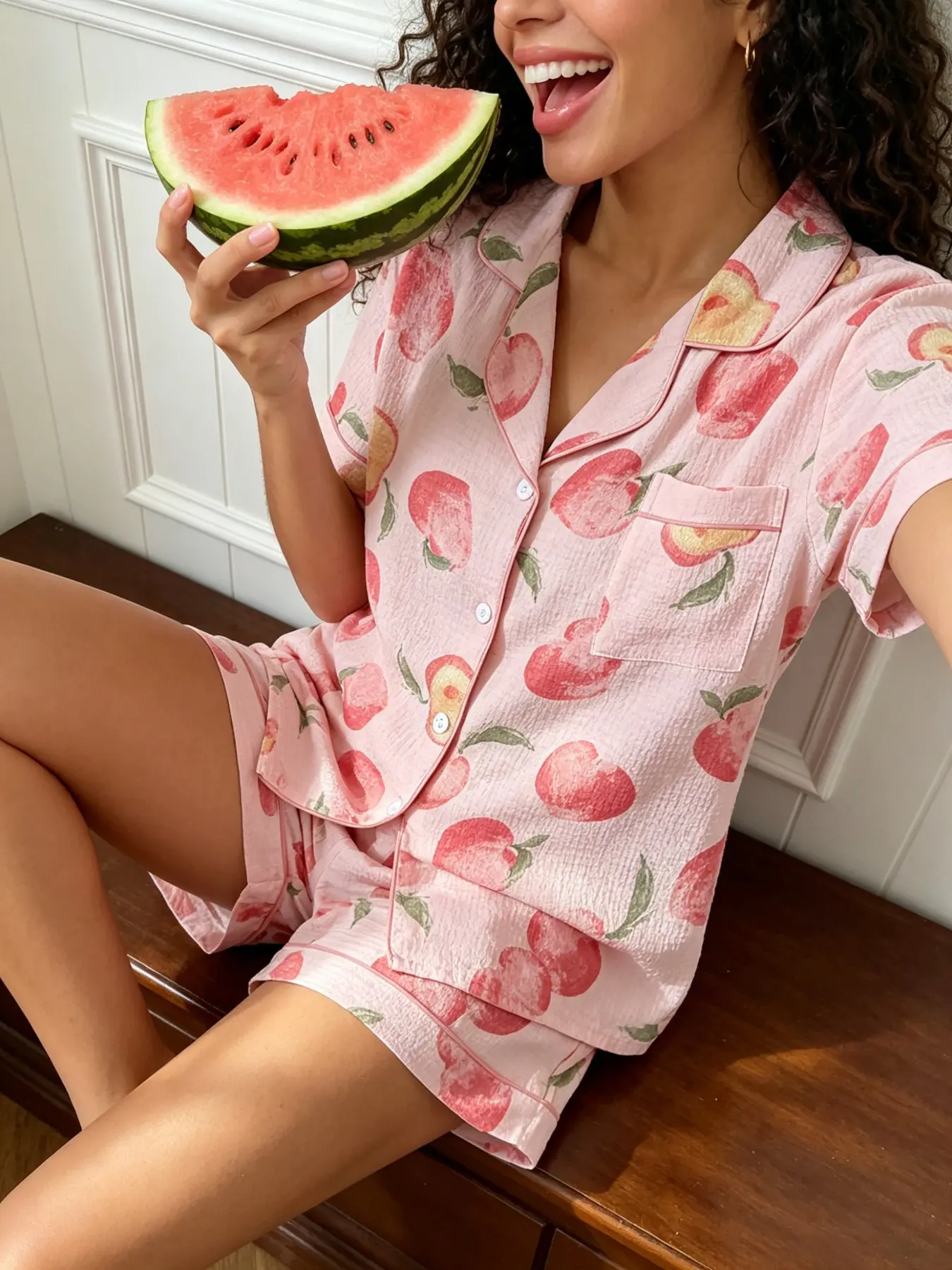 Women's Peach Print Pajama Set Loungewear, Collared Short Sleeve Shorts Two-Piece Lounge Wear, Breathable Fabric, Summer Fruit Style, Casual Home Sleepwear