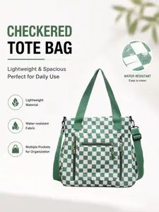 Ladies' Detachable Shoulder Strap Crossbody Bag, Corduroy Tote, Vintage Plaid, Multi Pocket Zipper, Soft Fabric Backpack, School & Daily Use, Checkered Pattern Bag