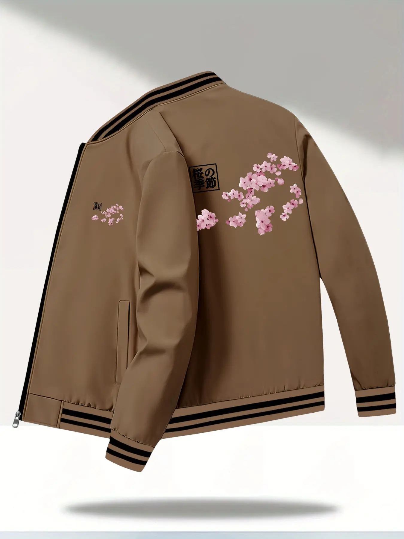 Men's Sport Jacket, Cherry Blossom Pattern, Fashion Casual Business Youth Jacket, Baseball Style, Versatile Ribbed Jacket