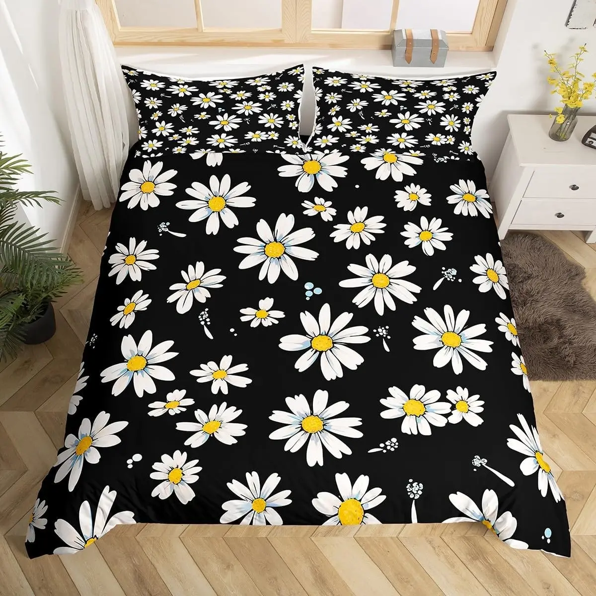 Women Daisy Duvet Cover Set Twin Size,2 Pieces Breathable Black White Yellow Bedding Sets(1 Duvet Cover+1 Pillowcase),Children Daisy Flowers Printed Comforter Cover Set for Girls Kids(No Comforter)