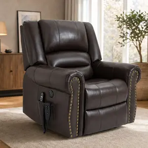 ARCH Power Lift Recliner Chair with Heat and Massage, Dual Motor Infinite Position Heavy Duty Motion Mechanism, Genuine Leather, Pillow Top Arms, USB Ports, Brown, 350 LBS Capacity, Living Room Furniture, Brown Color Options, Leather Material