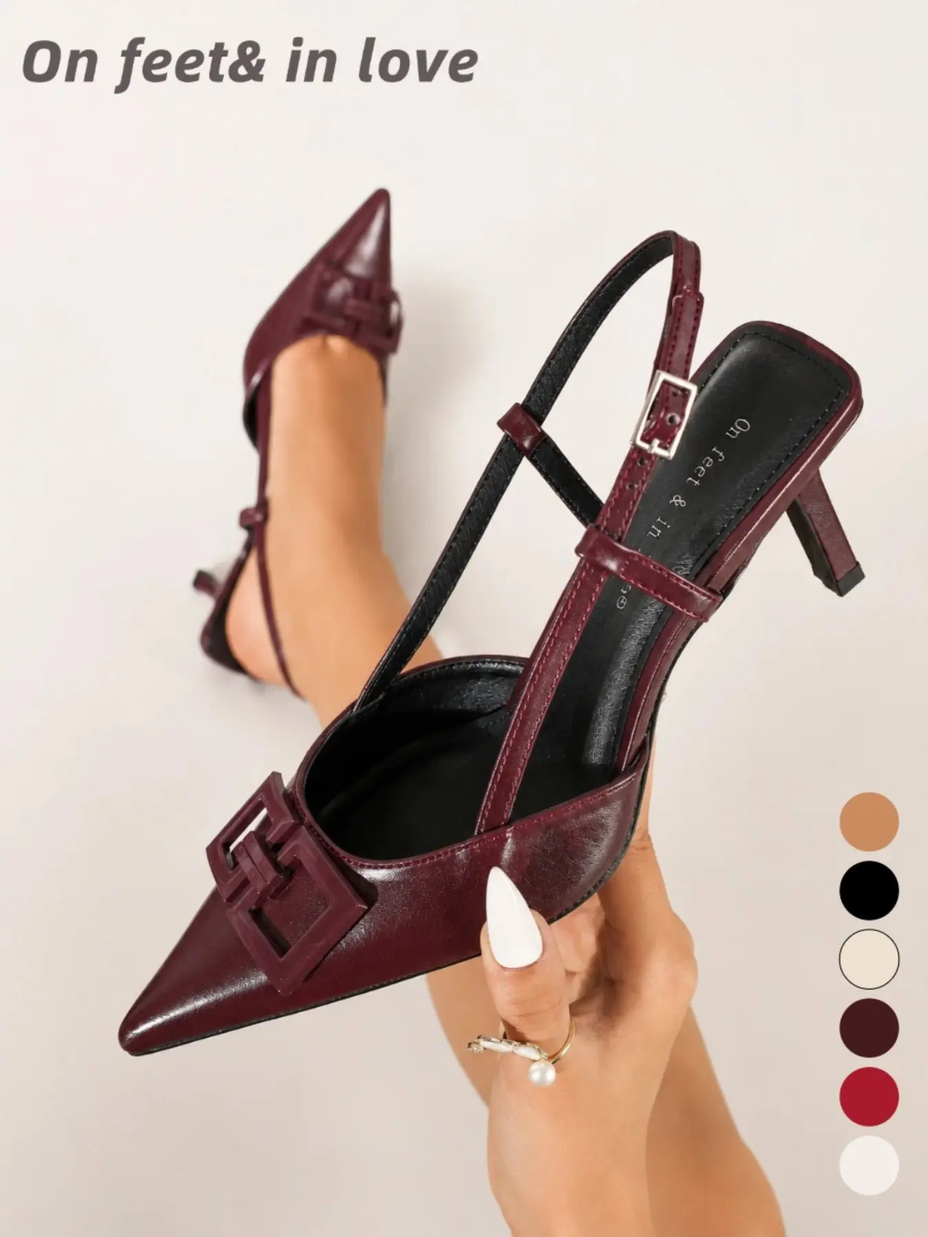 Women's All Sizes Smooth Faux Leather Square Buckle Pointed Toe Adjustable Slingback High Heel Pumps, Anti-slip Textured Outsole Soft Sole Elegant Dress Footwear for Daily Office Commute Vacation Trip Wedding Guest Dating Cocktail Party Evening Form