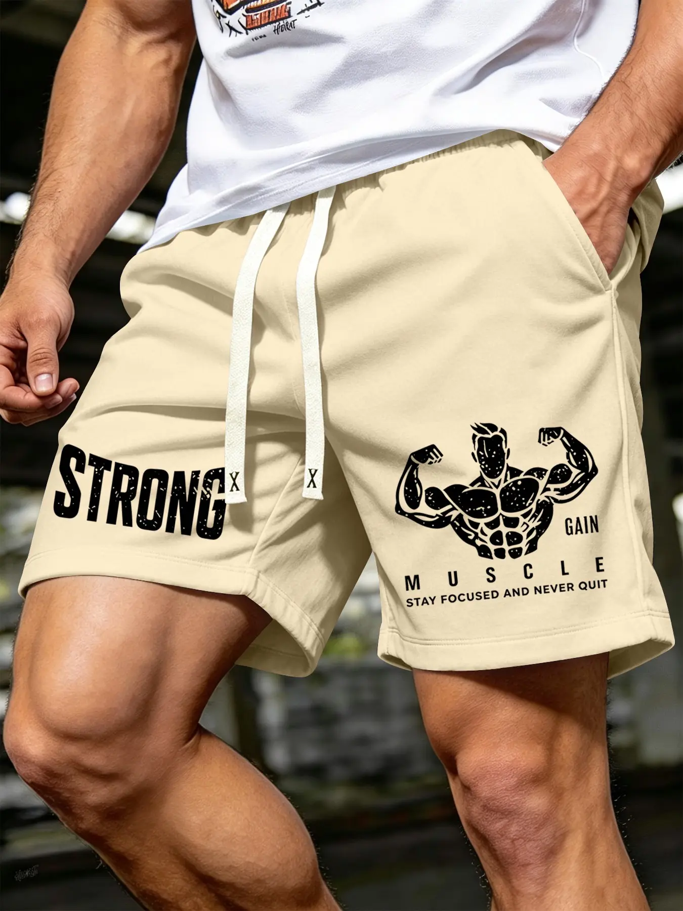 Men's Muscle Print Sport Shorts, Breathable Five-Quarter Workout Pants, Summer Fitness Loose Drawstring Pocket Shorts, Performance Shorts