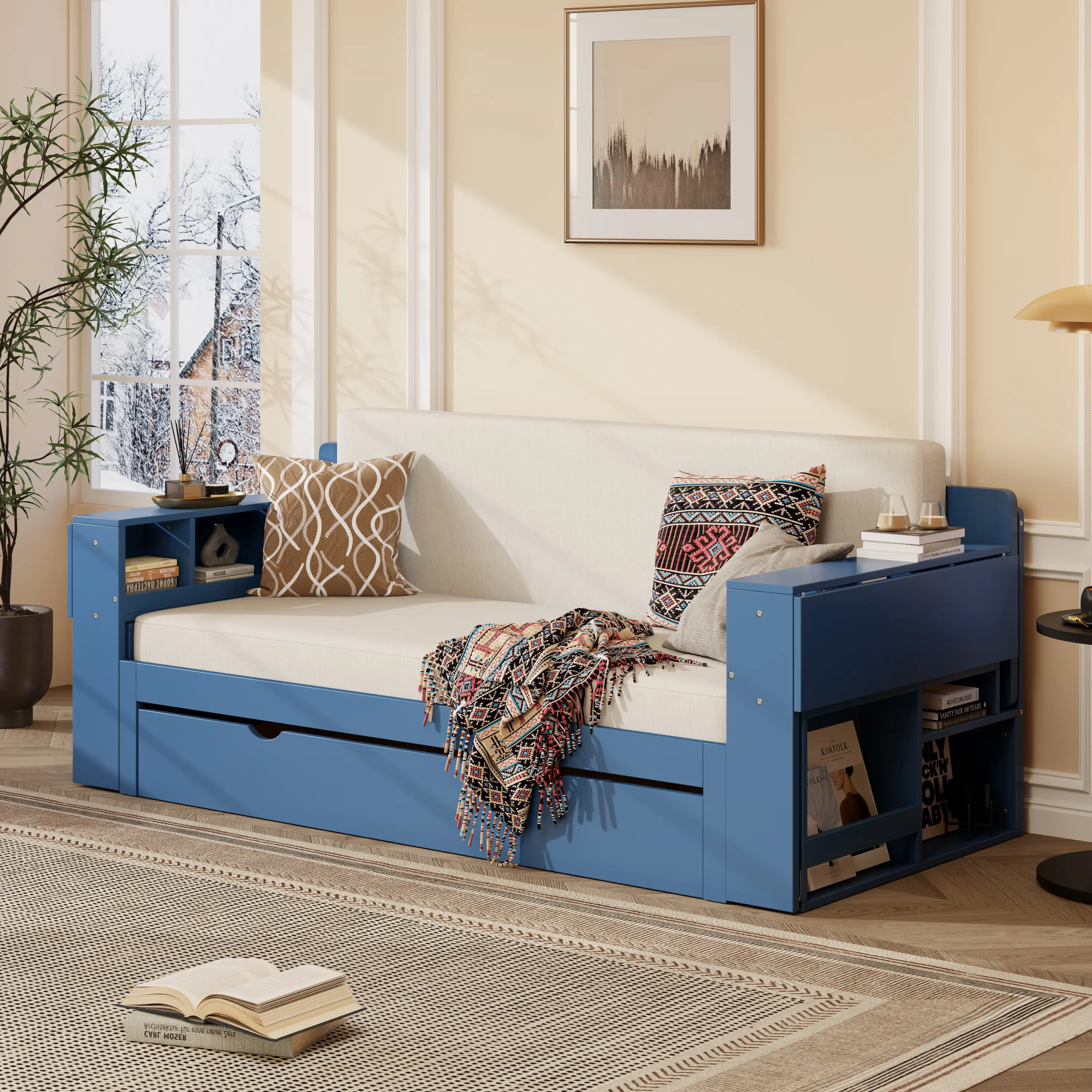 ARCH Queen Size Daybed with Removable Desk, Storage Drawers & Hydraulic Side Table, Blue Wood Multifunctional Sofa Bed for Living Room, Guest Room, Home Office, Small Apartment, 4-in-1 Convertible Furniture with Open Compartments, Queen Size Options