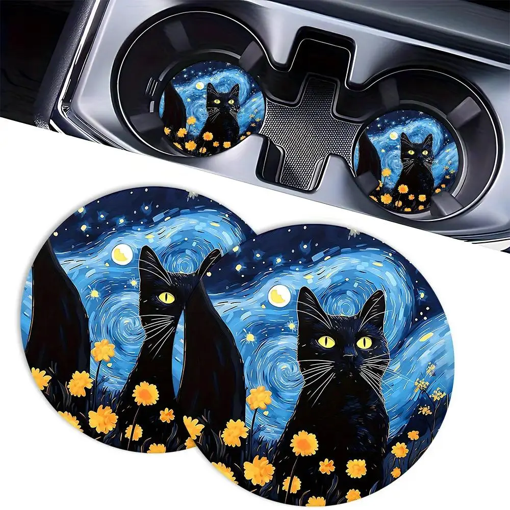 Fashion Accessory Set 2-Piece Van Gogh Inspired Car Cup Holder Coasters - Starry Night, Sunflower Black Cat Designs, Anti-Slip, Crafted from Absorbent Rubber Car Interior Mats for Commute Driving Decoration, Sunflowers, Star Night