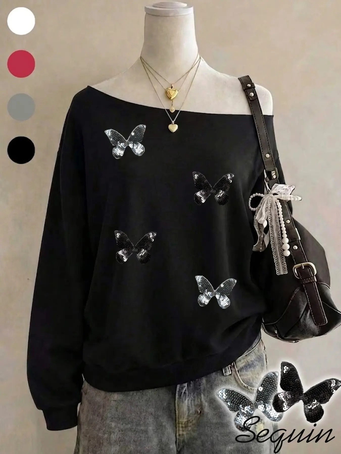 Women's Sequin Butterfly Shoulder Sweatshirt, Loose-Fit Long Sleeve Top, Y2K Sweet Cool Casual Style, Perfect for Dates, Parties, Daily Wear
