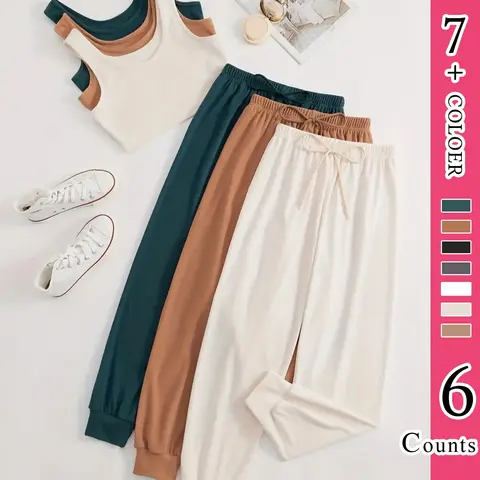 Women's Plain Pajama Pants Set, Girl Nightwear, Casual Basic Fitted Crop Tank Top & Tie Front Elastic Waist Lounge Pants Pj Set, Summer Homewear & Sleepwear Summer Loungewear 2024, Womenswear