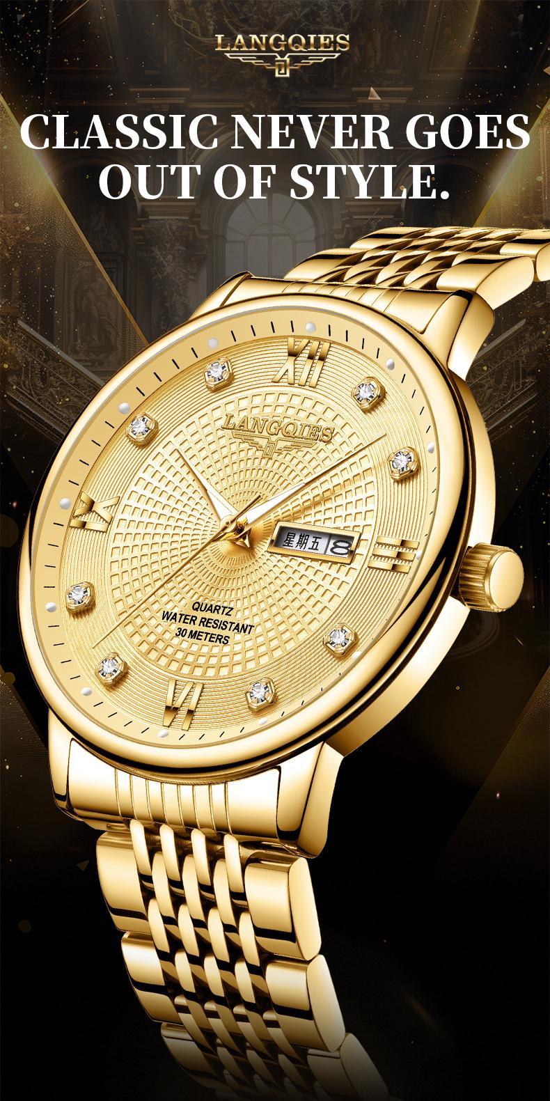 LANGQIES Elegant Multi-Function Men's Watch with Original Swiss Movement, featuring Dual Calendar, 42mm Dial, Sapphire Crystal, Stainless Steel Band, and Luminous Water-Resistant Design.