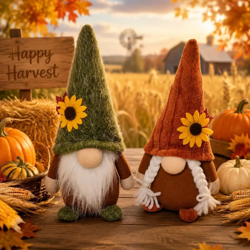 2 PCS Autumn Harvest Gnome Plush Doll Set Farmhouse Sunflower Faceless Scandinavian Style Thanksgiving Table Tiered Tray Home Decor