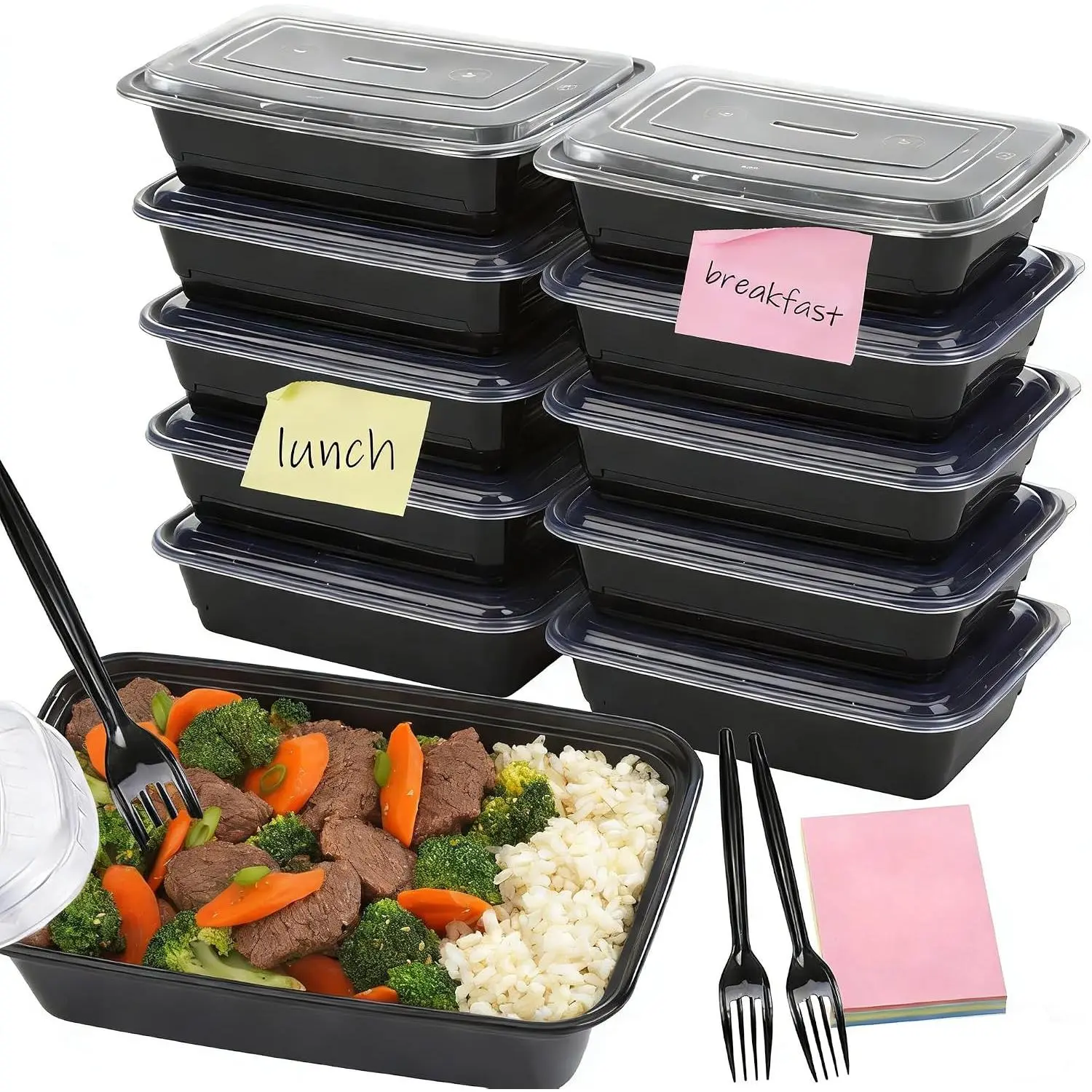 12 Pack Meal Prep Containers 38oz  Prep Containers with  Forks and Sticky Note for  Safe Take Out Plastic  Storage Dessert Containers Salad Containers