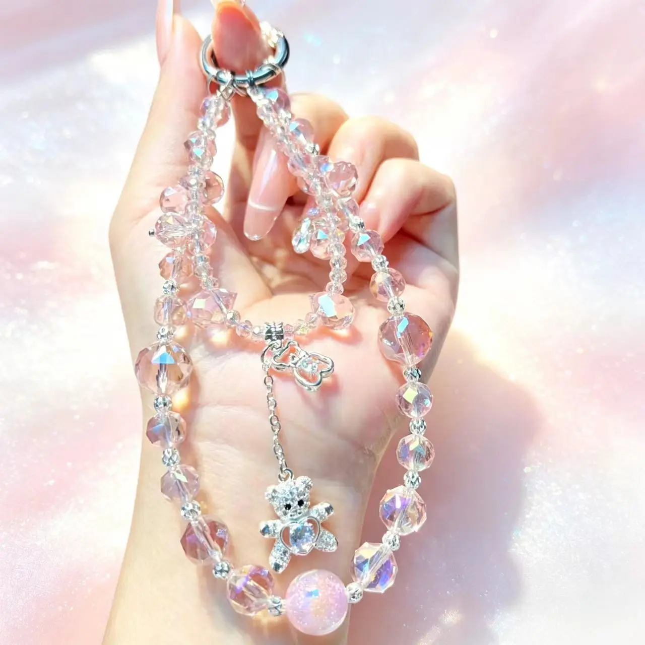 Double Layer Crystal Bead Phone Charm, Cute Sparkly Bear Pendant, Shiny Crystal Pearl Accessory, Fashion Y2K Phone Chain, Gift for Girls and Women