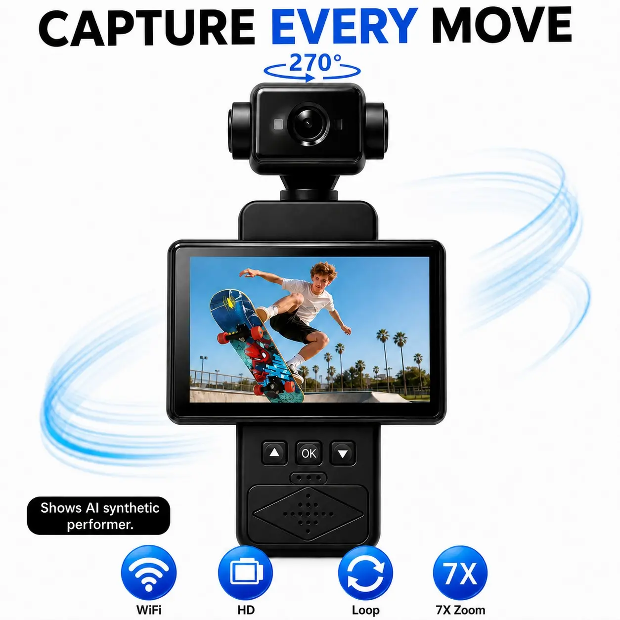 Action Camera, Pocket Vlogging Camera with 2.65" Manual Flip Screen, 270° Adjustable Lens, WiFi Connection and Wearable Clip, Portable HD Video Recorder with 1GB–32GB Storage Support for Travel, Cycling and Hiking
