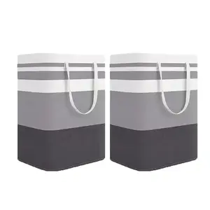 Foldable Canvas Striped Waterproof Laundry Basket Large Capacity Clothes Toy Storage Organizer Multi-Purpose Collapsible Hamper