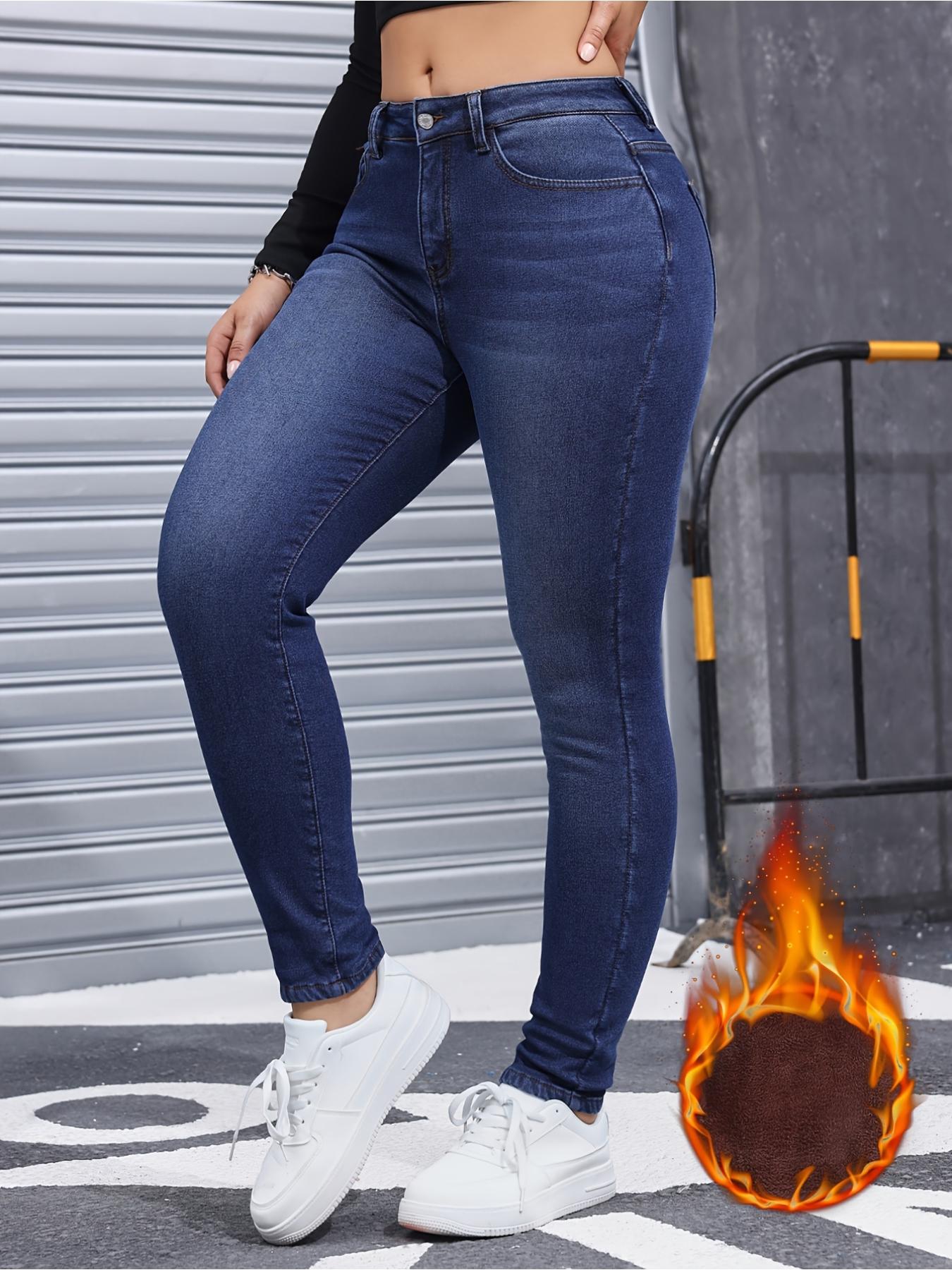 Women's Fleece-Lined Thermal High Waist Jeans, Slim Fit Denim for Fall & Winter