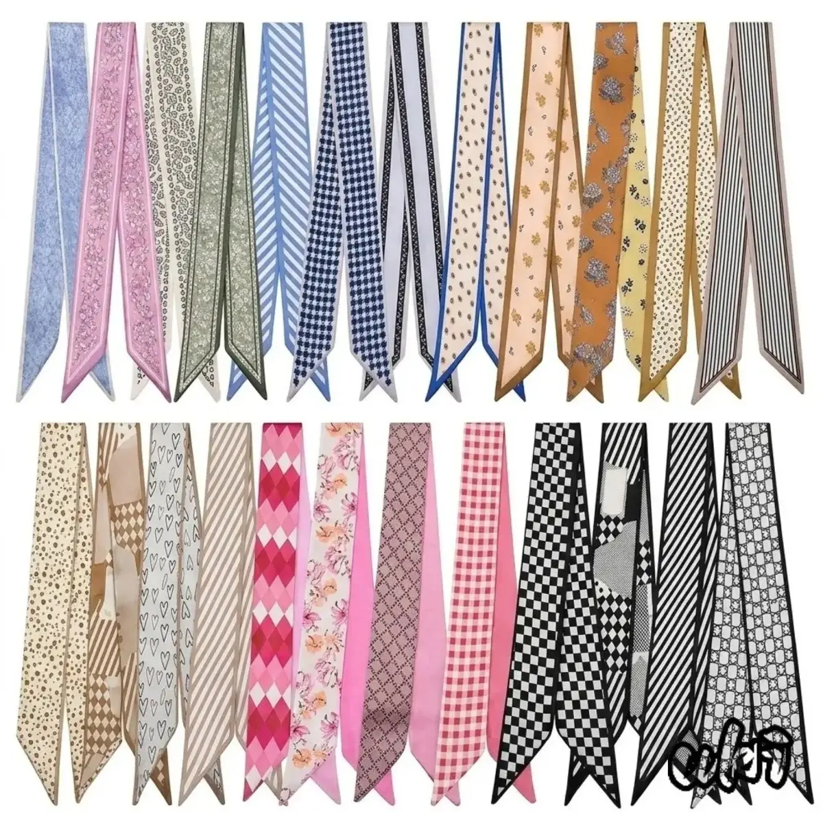 Women's 24PCS Silk-Like Textured Look Scarves Set, Fade Resistant Mixed Prints Skinny Neck Wraps with Multi-Use Design for Headbands, Bag Accessories, Summer Outfits