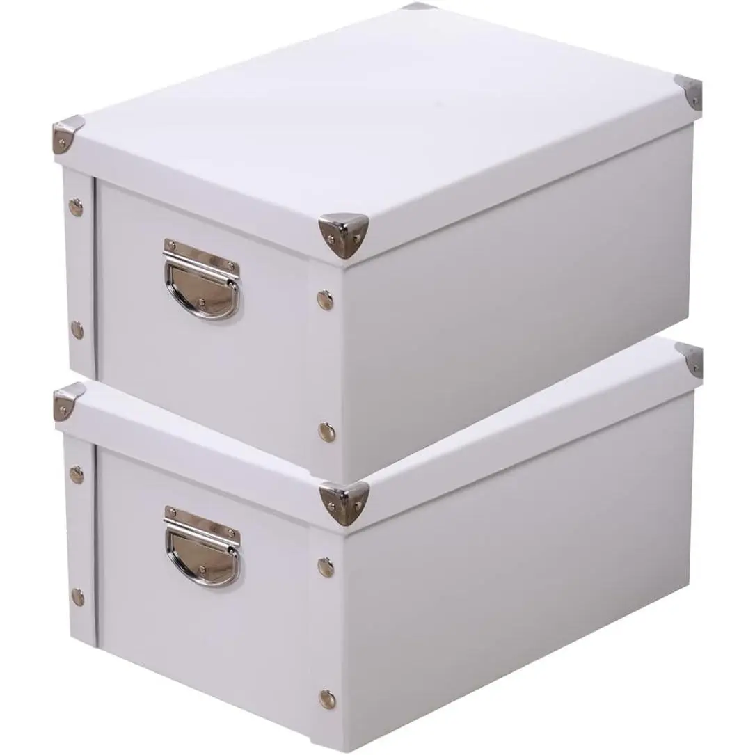 Collapsible Storage Box, Decorative Memory Box with Lid & Metal Reinforced Corners, Cardboard File Bin with Handles, Organizer Gift Box for Keepsake Toy Photos Office Nursery Wardrobe Bookshelf
