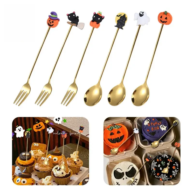 Halloween Stainless Steel Spoon & Fork Set - Cute Pumpkin Spooky Dessert Coffee Fruit Flatware Gift