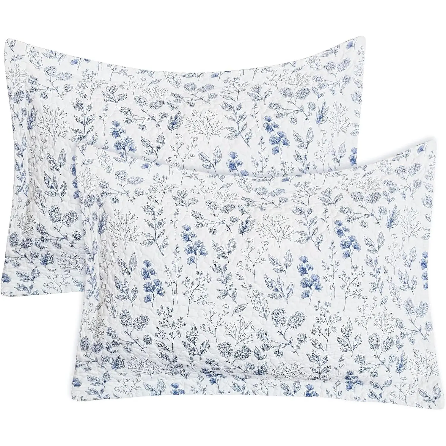 Cotton Queen Size Pillow Shams Set of 2 (20"x30"), Embroidery Pattern Quilted Bed Pillow Cases Envelope Closure Breathable Soft Pillow Covers, Blue Leaves