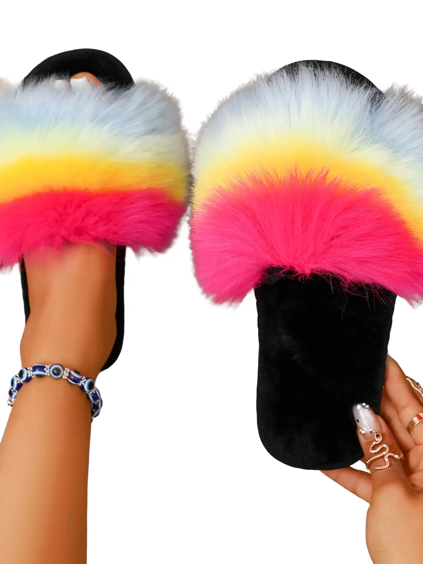 Rainbow Gradient Plush Slippers for Women, Non-Slip Flat Design, Soft Sole, Comfortable Home Footwear, Ideal for Daily Use