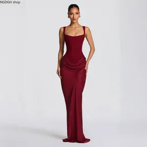 Women's Formal Wear Sleeveless Bodycon Prom Dress - Thick Wide Strap Square Neck, Waist Draped Ruched Detail, Fishtail Hem, Wrinkle-Resistant Premium Knit Clothes, Ideal for Prom Night, Red Carpet Occasions