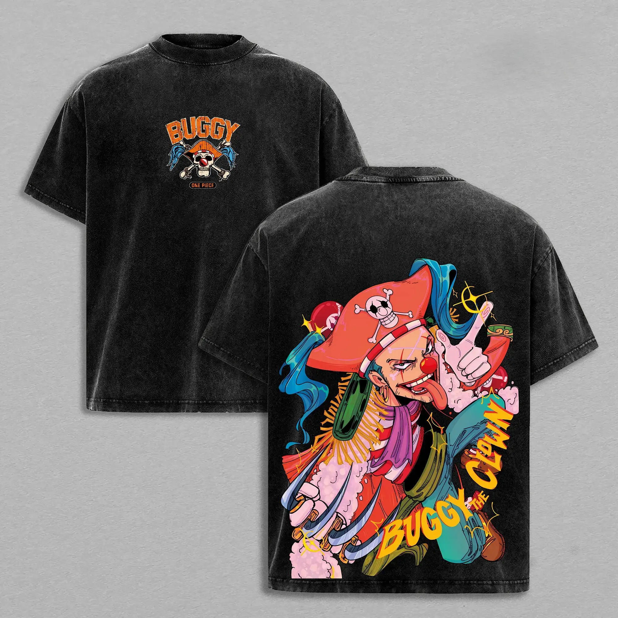 Vintage Washed Buggy The Clown Graphic Tee Heavyweight Cotton Oversized Anime Streetwear T-Shirt Men Women Y2K Retro One Piece Shirt Japanese Manga Fashion Tops Cool Casual Outfit Summer Trendy Harajuku Apparel Unique Cosplay Anime Fan Gift Ideas 2026