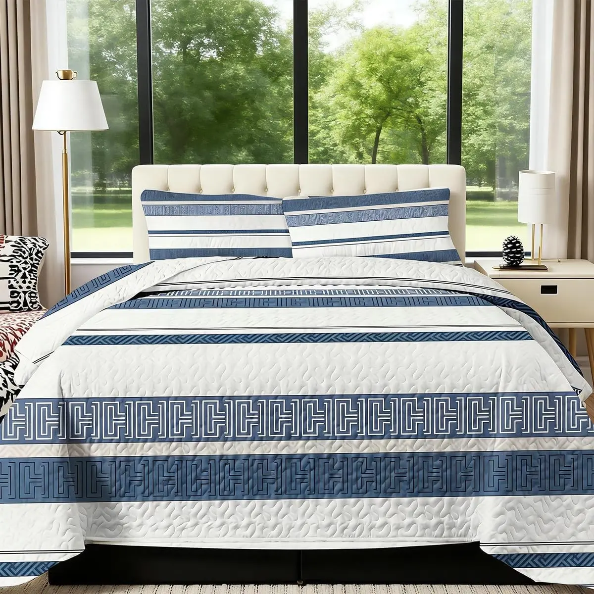 Quilts for King Bedding Set Blue Bedspreads Soft Bed Summer Lightweight Bedspread Comforter - Boho Stripe Pattern Coverlet for All Season - 3 Pieces (Blue, King 104x90 inches)