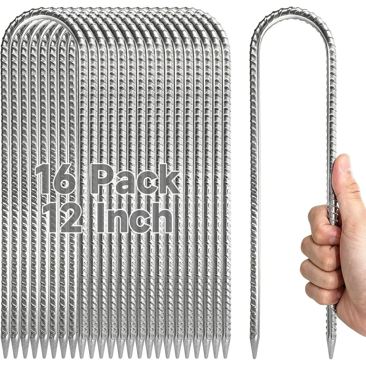 16Piece Tent Stakes Heavy Duty, 12 ’’ Rebar Stakes Ground Anchors High Wind, U Shape Galvanized Steel Trampoline Stakes for Camping Patio, Trampoline, Garden, Canopies, Outdoor(Silver, U Shape)