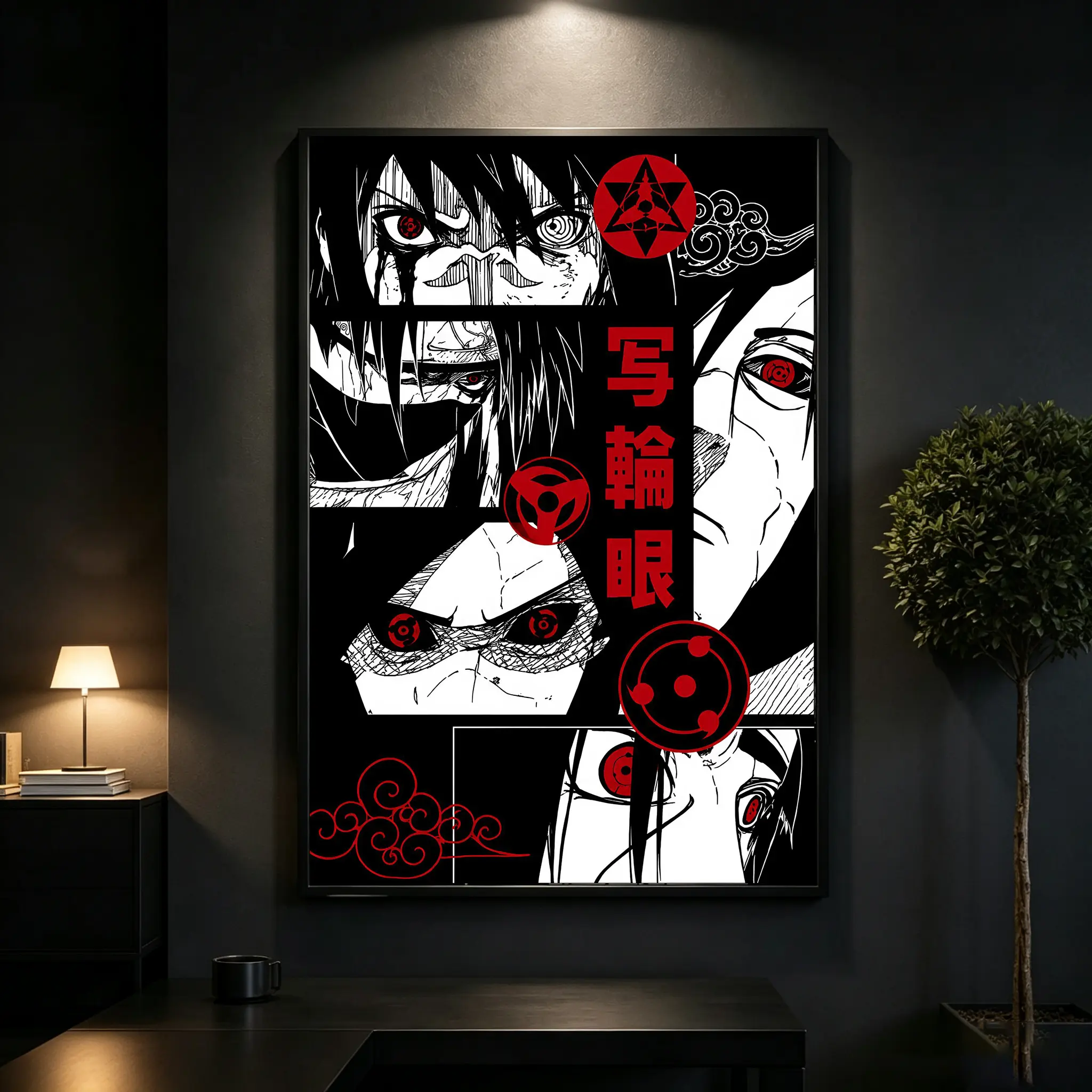 Naruto Uchiha Sharingan Canvas Wall Art Poster,Sasuke & Itachi Manga Inspired Framed Canvas Print, Anime Wall Decor for Bedroom Gaming Room Office, Gift for Naruto Fans