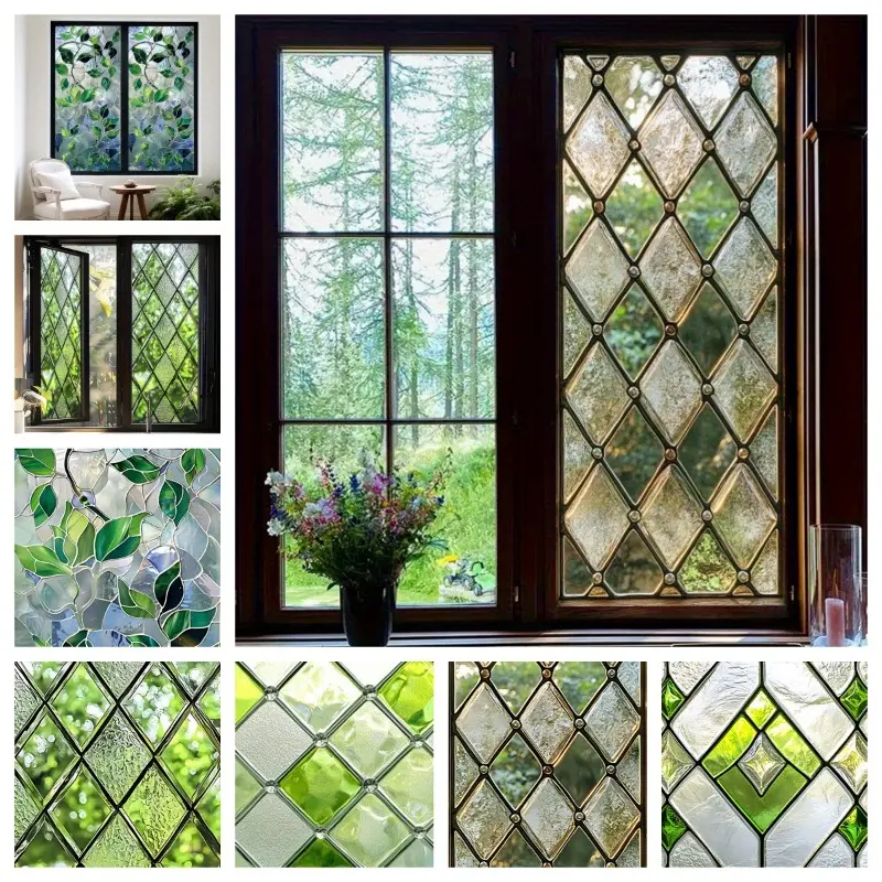 Vintage Green Leaf Window Film, Forest Style Decorative Glass Sticker, Removable Static Cling PVC Window Decal, Privacy Film for Home Bedroom Bathroom, Window Privacy Films